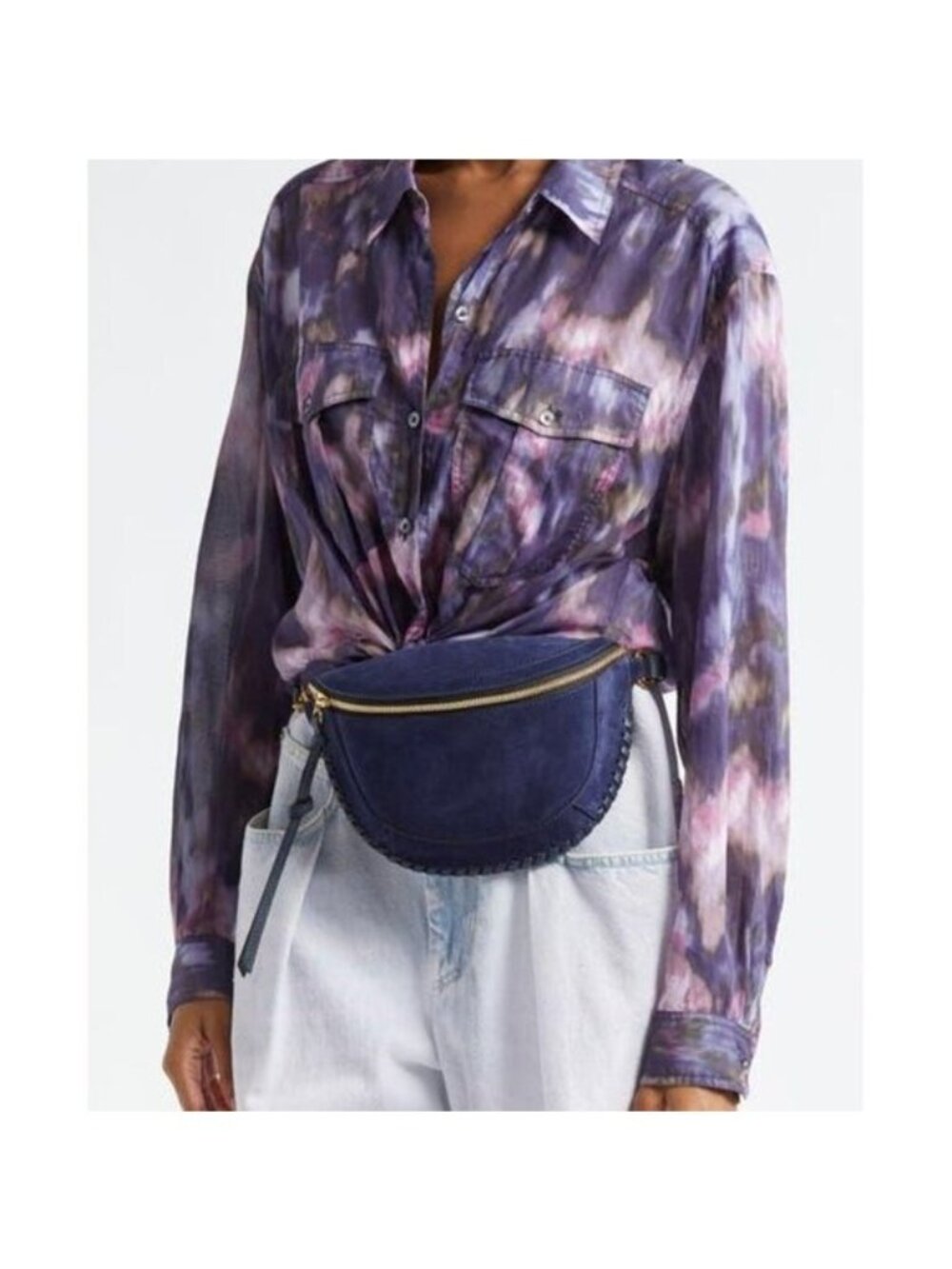 Isabel Marant Skano Navy Suede Crossbody Belt Stitched Fanny Pack Gold Hardware